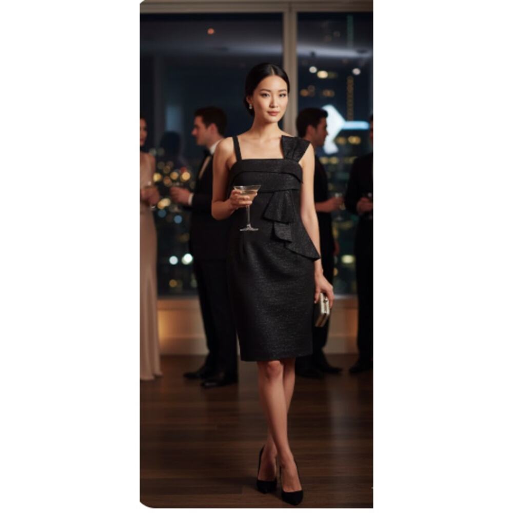 Trina Turk Black Bow One-Shoulder Sheath Dress Women’s Medium EUC